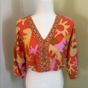 Rose & Olive Red, Yellow and Pink Abstract Crop Top